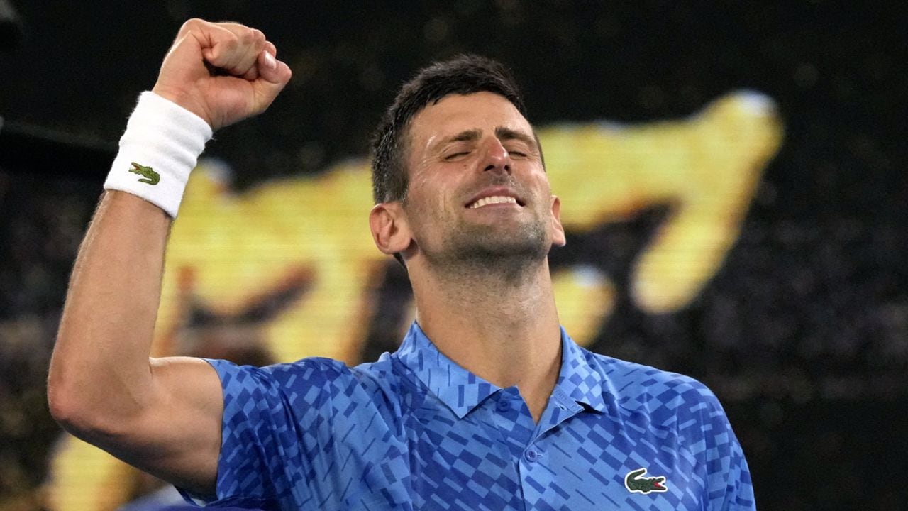 Novak Djokovic of Serbia celebrates after defeating Tommy Paul of the U.S. in their semifinal at the Australian Open tennis championship in Melbourne, Australia, Friday, Jan. 27, 2023. (AP/Aaron Favila)