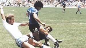 Diego Maradona, jugador de la Selección de Argentina, durante el partido contra Inglaterra en el Mundial de México 1986.