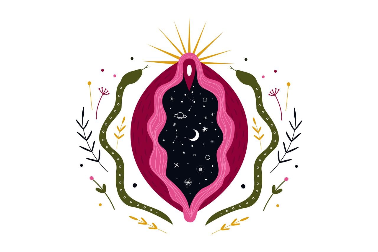 abstract image of a vagina. outer space, planets, moon and stars. snake tempter and plant herbs. printing on fabric and paper. vector