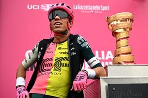 TERNI, ITALY - MAY 13: Rigoberto Urán of Colombia and Team EF Education-EasyPost prior to the 106th Giro d'Italia 2023, Stage 8 a 207km stage from Terni to Fossombrone / #UCIWT / on May 13, 2023 in Terni, Italy. (Photo by Stuart Franklin/Getty Images,)