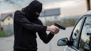Terrorista o ladrón de autos apuntando con un arma al conductor - dueño del auto