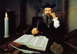 Nostradamus, Michel de Nostredame, vor Buch, en La Maison de Nostradamus, Salon de Provence, Frankreich