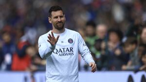 PSG's Lionel Messi gestures as he warms up before the French League One soccer match between Paris Saint-Germain and Lorient, at the Parc des Princes stadium in Paris, Sunday, April 30, 2023. (AP Photo/Aurelien Morissard)