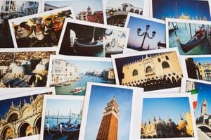 Italy, Veneto, Venice, collection of instant film holiday travel photos displayed on a table