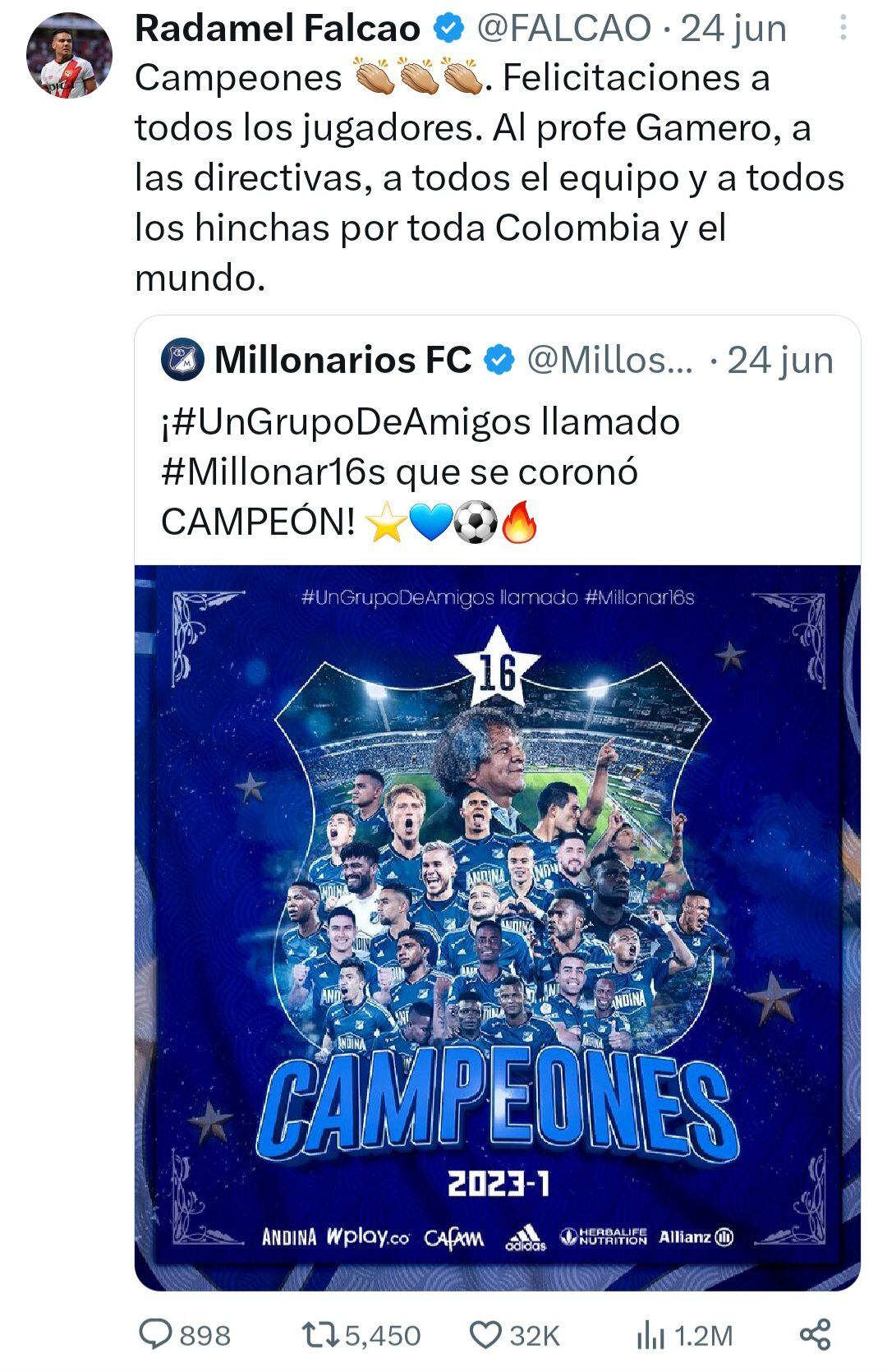 Falcao felicita a Millonarios por la obtención de su 16ava estrella