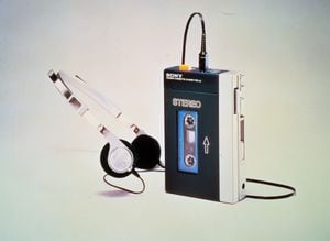 British model of the Sony stereo cassette player TPS-L2, the first low-cost portable stereo, launched July 1, 1979. In June 1980, it was introduced in the U.S. In the UK, it came with stereo playback and two mini headphone jacks, permitting two people to listen at the same time. The TPS-L2 was created by Akio Morita, Masaru Ibuka (the co-founders of SONY) and Kozo Ohsone. (Photo by: Universal History Archive/Universal Images Group via Getty Images)