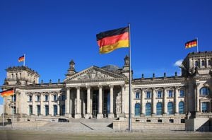 Germany, Berlin, Reichstag, the Parliament Building and national flag