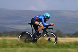 STIRLING, SCOTLAND - AUGUST 11: Harold Alfonso Tejada Canacue of Colombia sprints during the Men Elite Individual Time Trial a 47.8km race from Stirling to Stirling at the 96th UCI Cycling World Championships Glasgow 2023, Day 9 / #UCIWT / on August 11, 2023 in Stirling, Scotland. (Photo by Dario Belingheri/Getty Images)