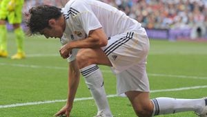 MADRID, SPAIN - MAY 02:  Kaka of Real Madrid  takes a fall during the La Liga match between Real Madrid and CA Osasuna at Estadio Santiago Bernabeu on May 2, 2010 in Madrid, Spain.  (Photo by Denis Doyle/Getty Images)