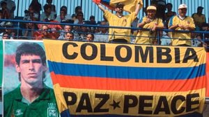 Bandera de Colombia e imagen de Andrés Escobar durante el Mundial de Francia 1998.