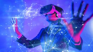 Tecnología del mundo cibernético digital Metaverse, hombre con gafas de realidad virtual VR jugando juegos y entretenimiento de realidad aumentada AR, estilo de vida futurista