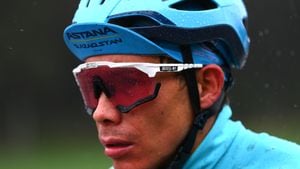 LIENZ, AUSTRIA - APRIL 22: Miguel Ángel López Moreno of Colombia and Team Astana – Qazaqstan Red Intermediate Sprint Jersey competes in heavy rain during the 45th Tour of the Alps 2022 - Stage 5 a 114,5km stage from Lienz to Lienz / #TouroftheAlps / on April 22, 2022 in Lienz, Austria. (Photo by Tim de Waele/Getty Images)