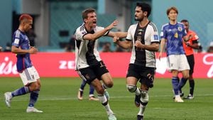 Soccer Football - FIFA World Cup Qatar 2022 - Group E - Germany v Japan - Khalifa International Stadium, Doha, Qatar - November 23, 2022
Germany's Ilkay Gundogan celebrates scoring their first goal with Thomas Muller REUTERS/Matthew Childs