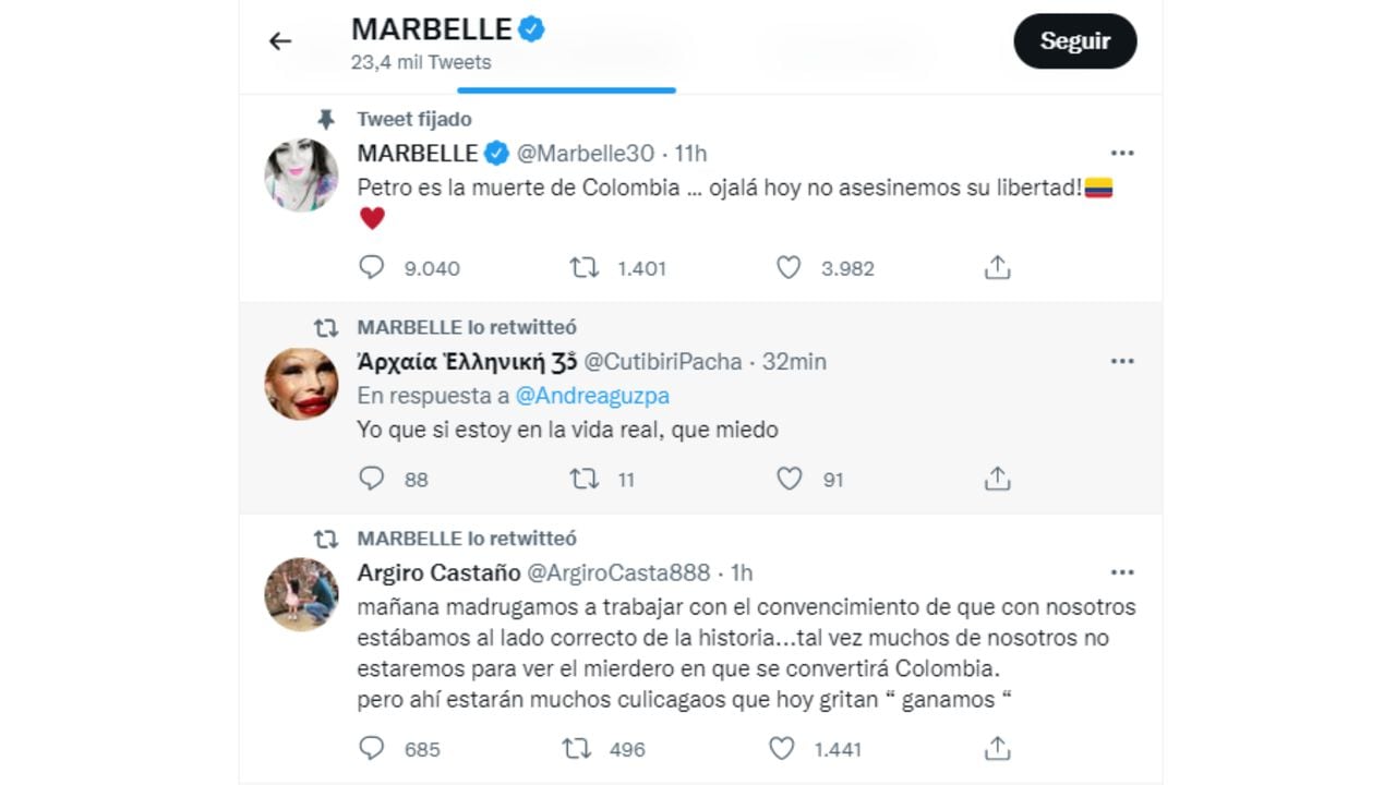 Marbelle en Twitter tras la victoria de Petro