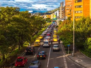 Traffic and buildings in Bogota Colombia