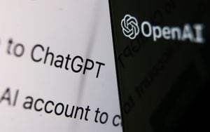 El logotipo de OpenAI se ve en la pantalla con el sitio web de ChatGPT