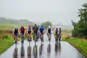 GLASGOW, SCOTLAND - AUGUST 12: Antoine Huby of France, Lorenzo Milesi of Italy, Axel Laurance of France, Jack Rootkin-Gray of The United Kingdom, Trym Brennsæter of Norway, Brody Mcdonald of The United States, Moritz Kretschy of Germany and Alastair Mackellar of Australia compete in the breakaway during the Men Under 23 Road Race a 168.4km race from Loch Lomond to Glasgow at the 96th UCI Cycling World Championships Glasgow 2023, Day 10 / #UCIWT / on August 12, 2023 in Glasgow, Scotland. (Photo by Zac Williams - Pool/Getty Images)