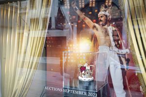 Coinciding with the coronation of King Charles III, the crown worn by pop star Freddie Mercury of the band 'Queen', is displayed in the window of Bond Street auction house, Christies whose auction of Mercury's personal effects takes place in September, on 2nd May 2023, in London, England. More than 1,500 lots, including original lyrics and Victorian paintings, from the rockstar's London home will be sold by Mercury's former girlfriend and close friend, Mary Austin. (Photo by Richard Baker / In Pictures via Getty Images)