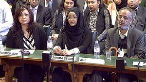 LONDON, ENGLAND - MARCH 10 :  In this photo taken from video, Kadiza Sultana's Cousin Fahmida Aziz (L), Shamima Begum's sister Sahima Begum (C) and Amira Abase's father Hussen Abase (R) attend an evidence session at Parliaments Home Affairs Select Committee in the House of Commons, on three girls who are believed to have travelled to Syria to join Daesh (Islamic State of Iraq and Levant) in London, England on March 10, 2015. (Photo by House of Commons/Anadolu Agency/Getty Images)