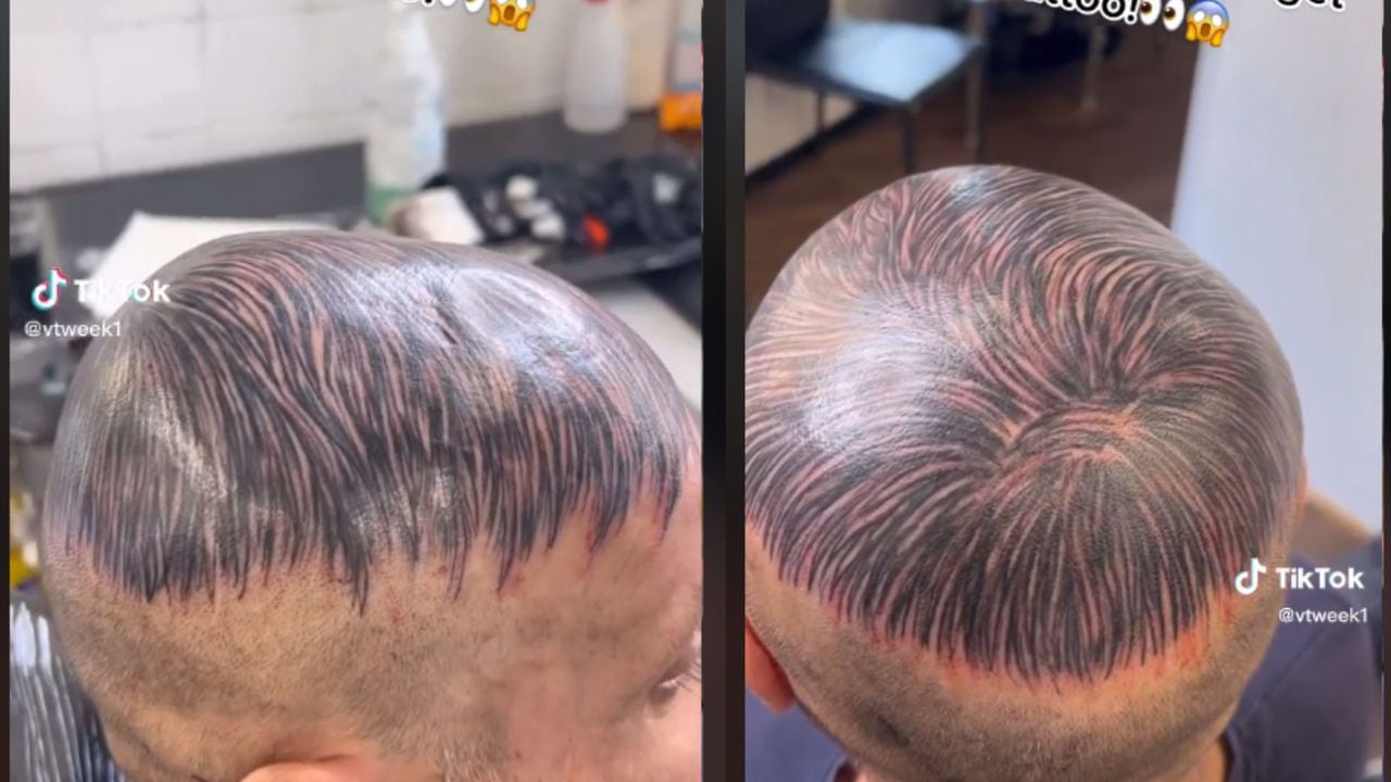 (Video) A falta de cabello, hombre se tatuó en la cabeza un peluquín