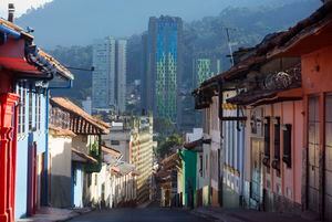 A view of modern office buildings from the hip area called La Candalaria, Bogota's colonial barrio, where many backpackers and younger tourists now flock.