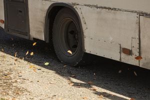 Atumn concrpt Bus wheel lifts from asphalt autumn leaves