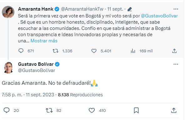 Amaranta Hank anunció que votará por Gustavo Bolívar a la Alcaldía de Bogotá.