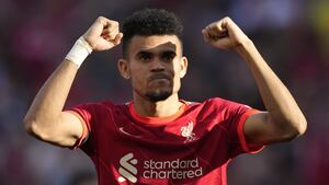 Liverpool's Luis Diaz applauds fans at the end of the English FA Cup semifinal soccer match between Manchester City and Liverpool at Wembley stadium in London, Saturday, April 16, 2022. (AP Photo/Frank Augstein)