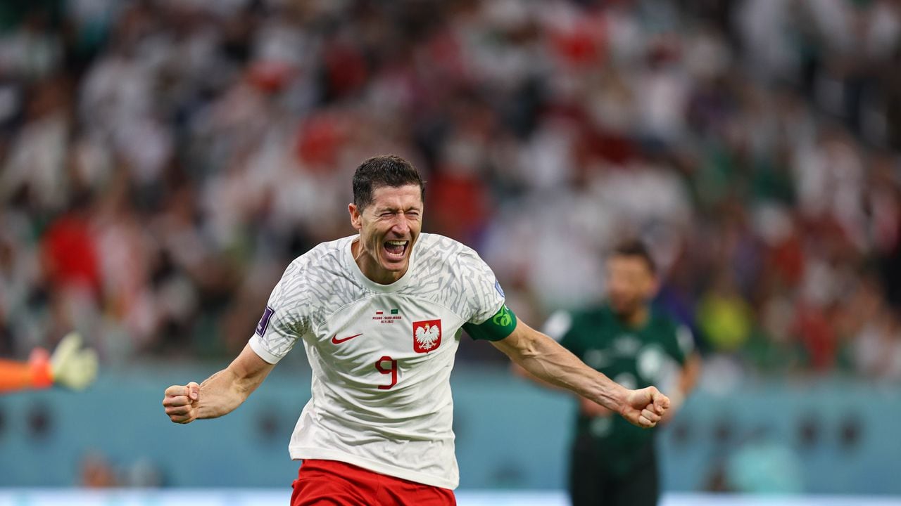 AL RAYYAN, QATAR - 26 DE NOVIEMBRE: Robert Lewandowski de Polonia celebra marcar un gol durante el partido del Grupo C de la Copa Mundial de la FIFA Qatar 2022 entre Polonia y Arabia Saudita en el Education City Stadium el 26 de noviembre de 2022 en Al Rayyan, Qatar.