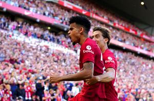 Liverpool's Luis Diaz celebrates scoring their side's ninth goal of the game during the English Premier League match between Liverpool and Bournemouth at Anfield stadium in Liverpool, England, Saturday Aug. 27, 2022. (Peter Byrne/PA via AP)