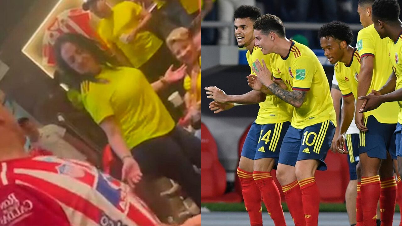 Montaje de María Fernanda Cabal bailando (captura de pantalla) y los jugadores de la Selección Colombia celebrando (Getty)