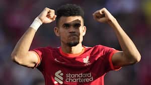 Liverpool's Luis Diaz applauds fans at the end of the English FA Cup semifinal soccer match between Manchester City and Liverpool at Wembley stadium in London, Saturday, April 16, 2022. (AP Photo/Frank Augstein)