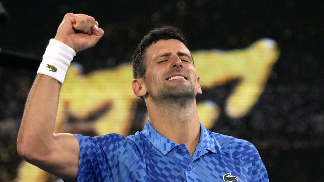 Novak Djokovic of Serbia celebrates after defeating Tommy Paul of the U.S. in their semifinal at the Australian Open tennis championship in Melbourne, Australia, Friday, Jan. 27, 2023. (AP/Aaron Favila)