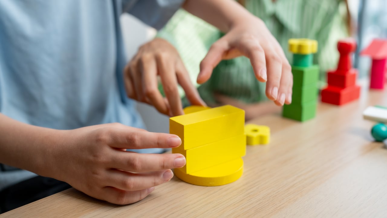 A babysitter teaches a boy creative skills and developmental levels while playing with colorful wooden blocks.