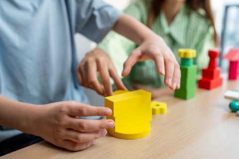 A babysitter teaches a boy creative skills and developmental levels while playing with colorful wooden blocks.