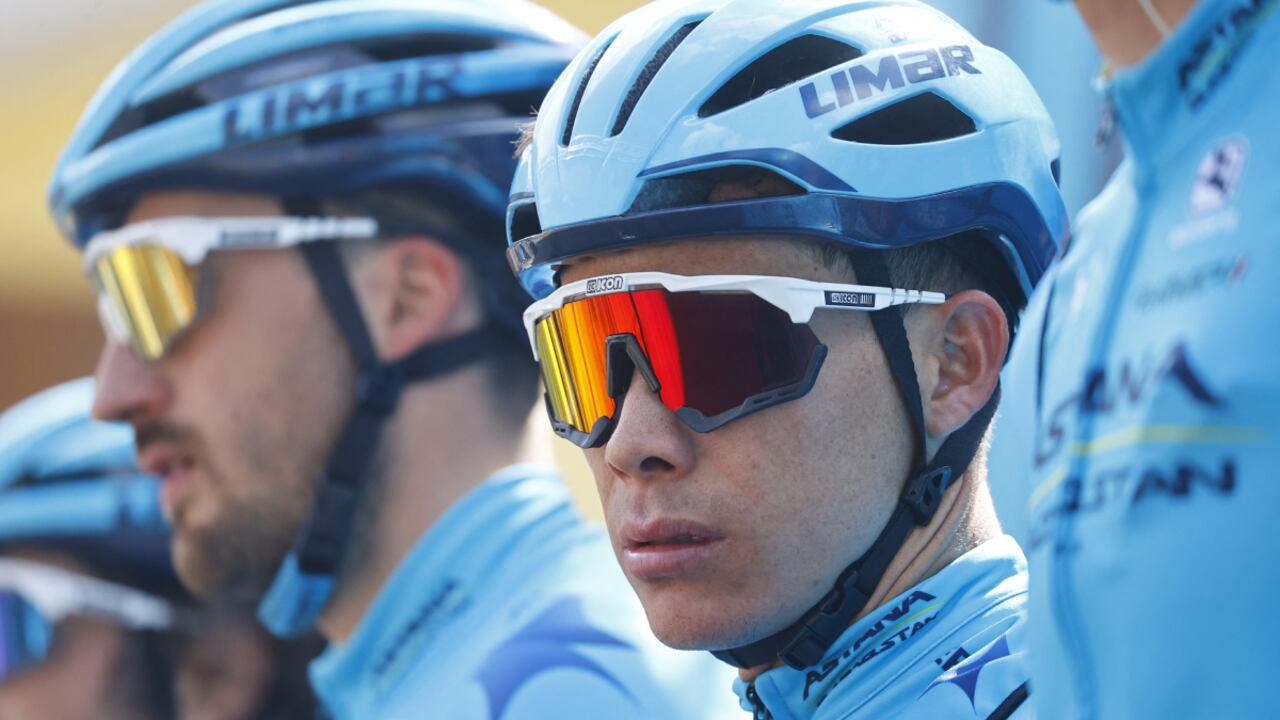 Team Astana's Miguel Angel Lopez of Colombia poses with his team prior to the start of the 5th stage of the Tirreno Adriatico cycling race, 155 km from Sefro to Fermo, on March 11, 2022.
Luca Bettini / AFP
