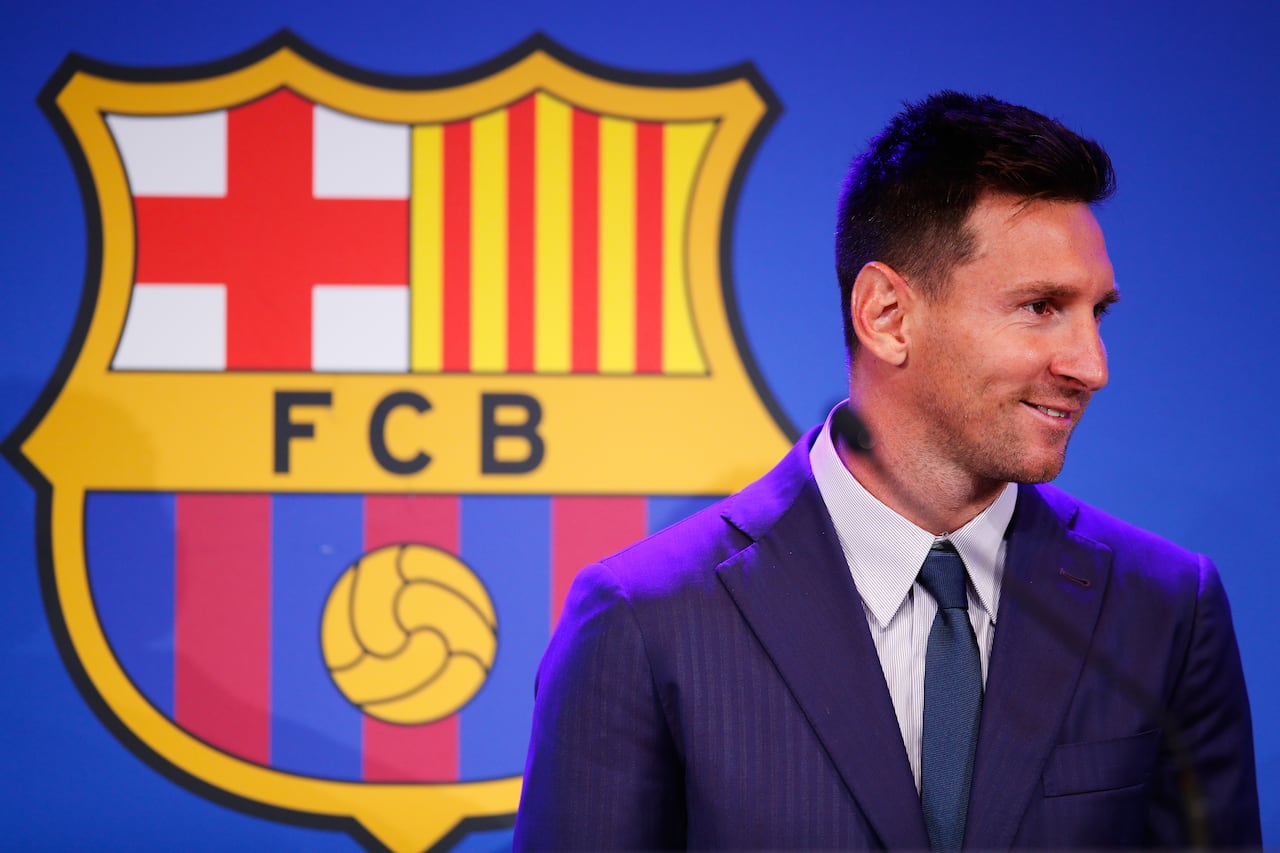 BARCELONA, SPAIN - AUGUST 08: Lionel Messi of FC Barcelona faces the media during a press conference at Nou Camp on August 08, 2021 in Barcelona, Spain. (Photo by Eric Alonso/Getty Images)