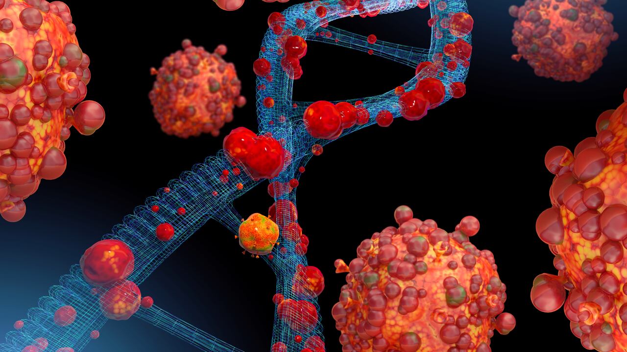 Imagen generada en 3D de una espiral de ADN atacada por el virus de la viruela del simio.