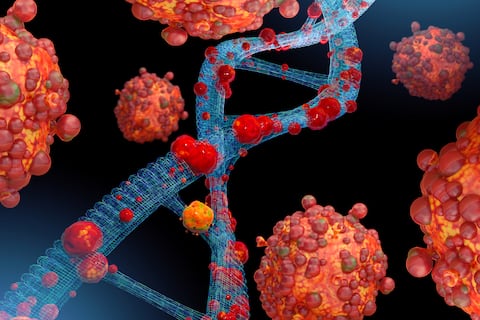 Imagen generada en 3D de una espiral de ADN atacada por el virus de la viruela del simio.