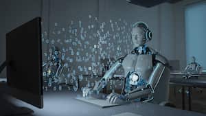 Robot humanoide en un centro de llamadas. ilustración 3d