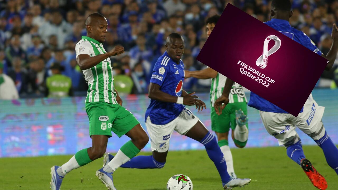 Jugadores de Millonarios y Atlético Nacional, y el logo del Mundial de Qatar 2022
