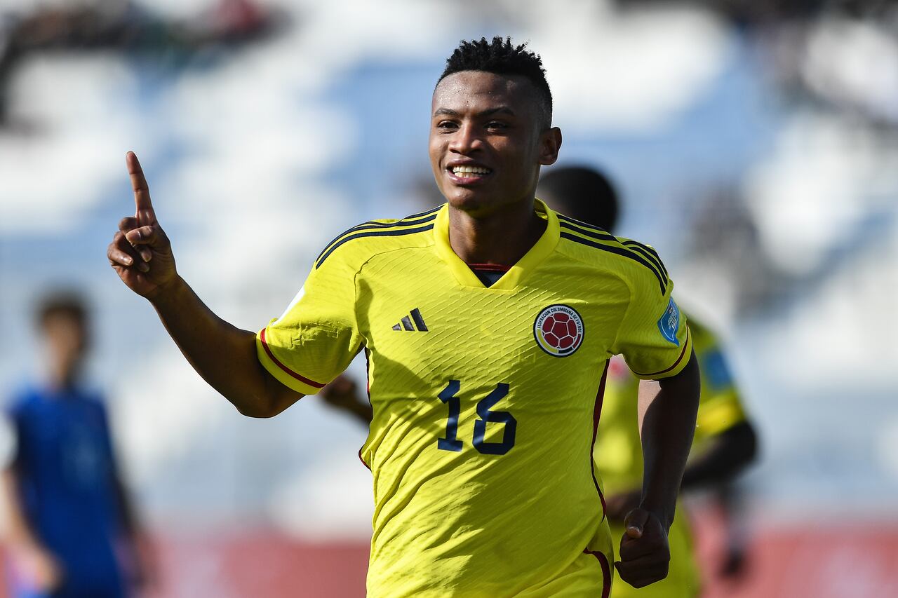 SAN JUAN, ARGENTINA - MAY 31: Oscar Cortes of Colombia celebrates after scoring the team's fifth goal during a FIFA U-20 World Cup Argentina 2023 Round of 16 match between Colombia and Slovakia at Estadio San Juan on May 31, 2023 in San Juan, Argentina. (Photo by Marcelo Endelli - FIFA/FIFA via Getty Images)