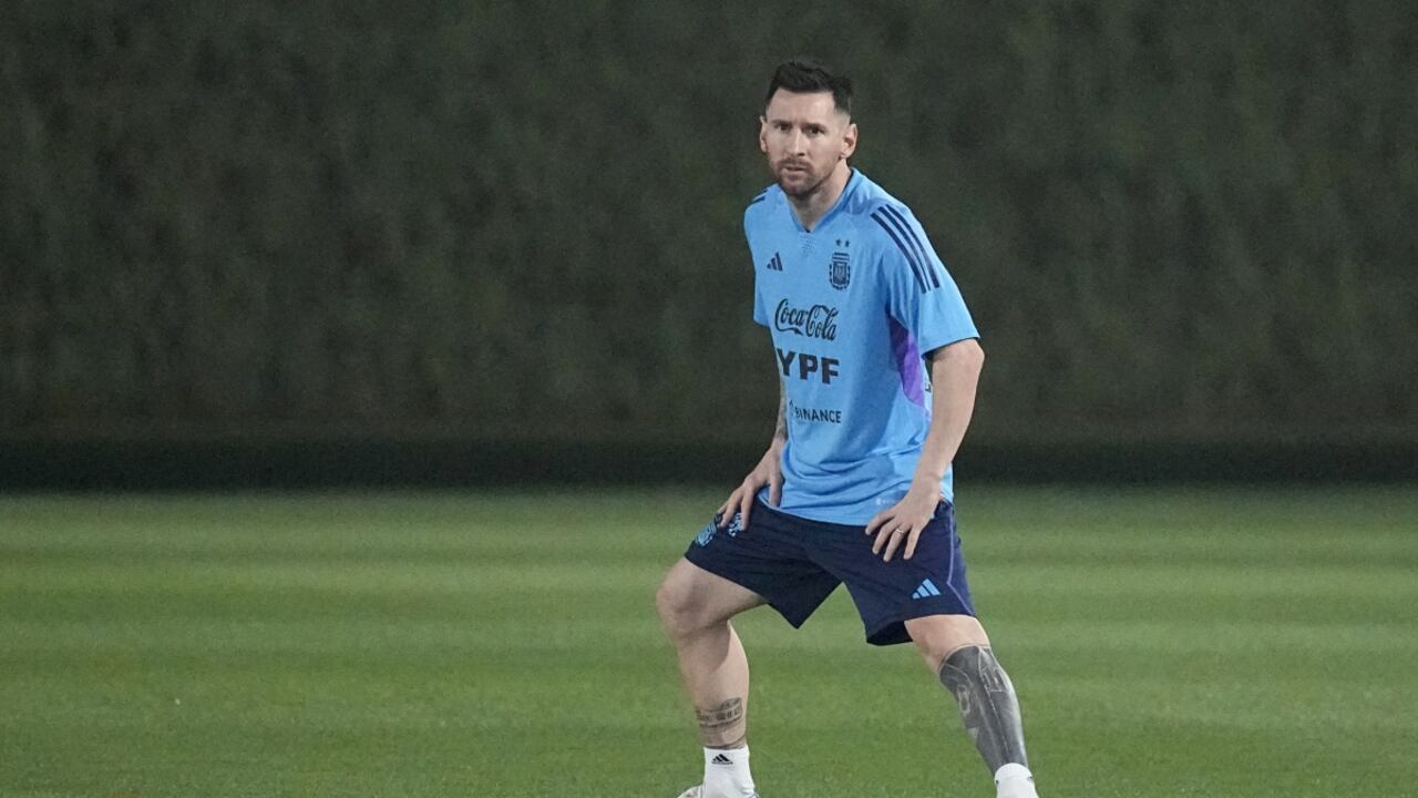 Lionel Messi looks on during a training session of Argentina's national soccer team in Doha, Saturday, Nov. 19, 2022. (AP/Jorge Saenz)