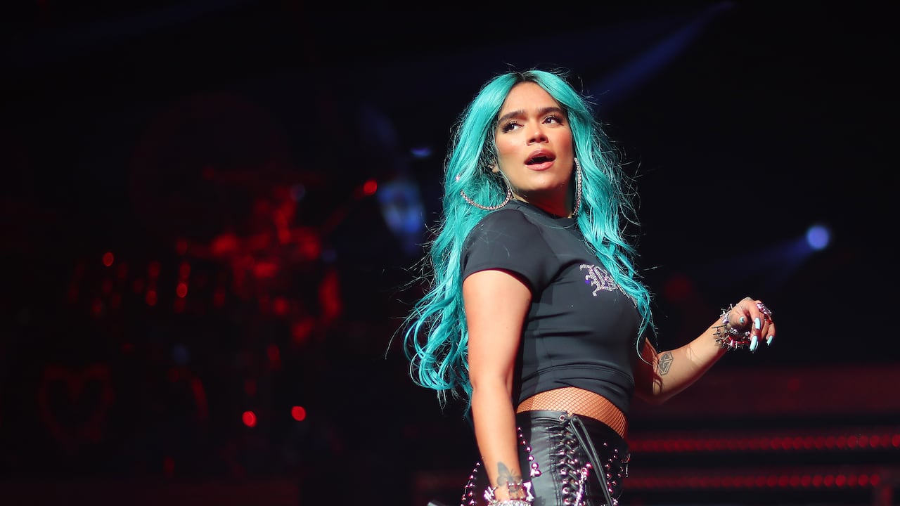 GRAND PRAIRIE, TX - DECEMBER 09: Karol G performs on stage during her 'Bichota' Tour at Texas Trust CU Theatre on December 9, 2021 in Grand Prairie, Texas. (Photo by Omar Vega/Getty Images)