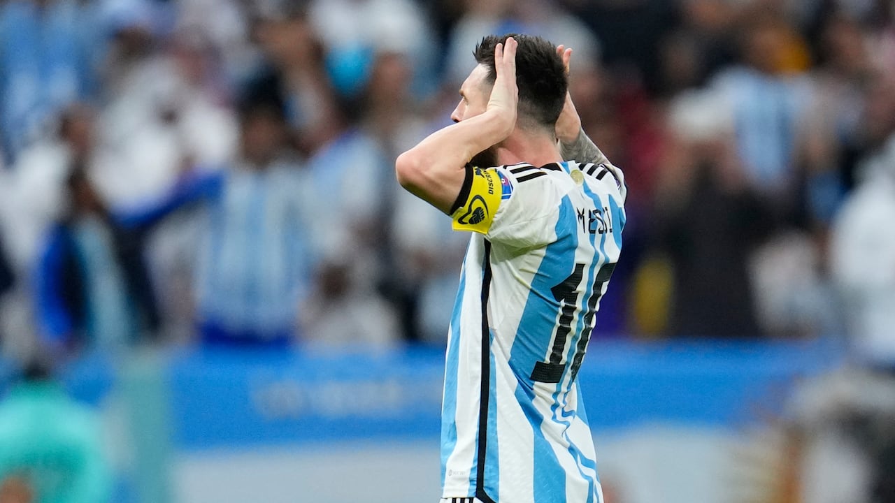 Argentina's Lionel Messi celebrates after scoring his side's second goal from a penalty kick during the World Cup quarterfinal soccer match between the Netherlands and Argentina, at the Lusail Stadium in Lusail, Qatar, Friday, Dec. 9, 2022. (AP Photo/Natacha Pisarenko)