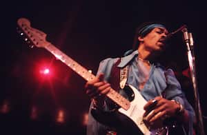 Jimi Hendrix (1942 - 1970) performing at Madison Square Garden, New York City, 18th May 1969. (Photo by Walter Iooss Jr./Getty Images)