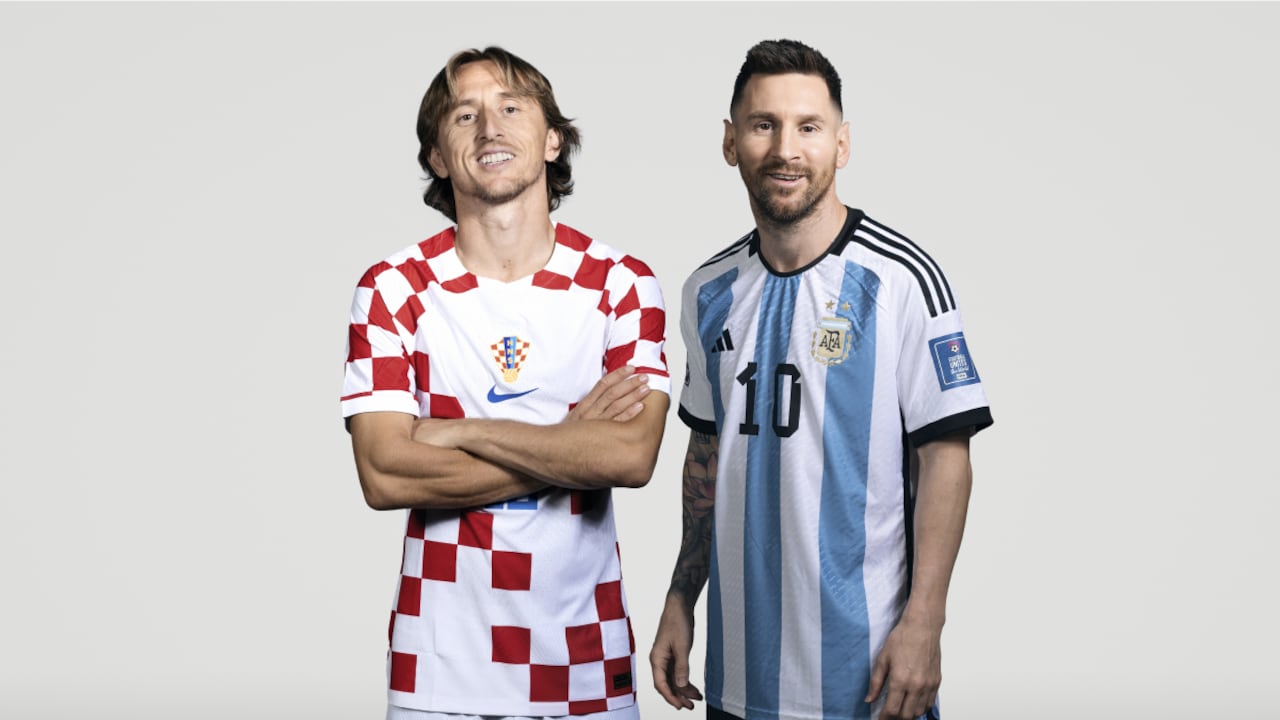 (EDITORS NOTE: THIS IMAGE HAS BEEN RETOUCHED) In this composite image, a comparison has been made between (L-R) Luka Modric of Croatia and Lionel Messi of Argentina, who are posing during the official FIFA World Cup 2022 portrait sessions. Argentina and Croatia meet in one of the semi finals of the FIFA World Cup Qatar 2022. (Photo by Getty Images/FIFA/FIFA )
