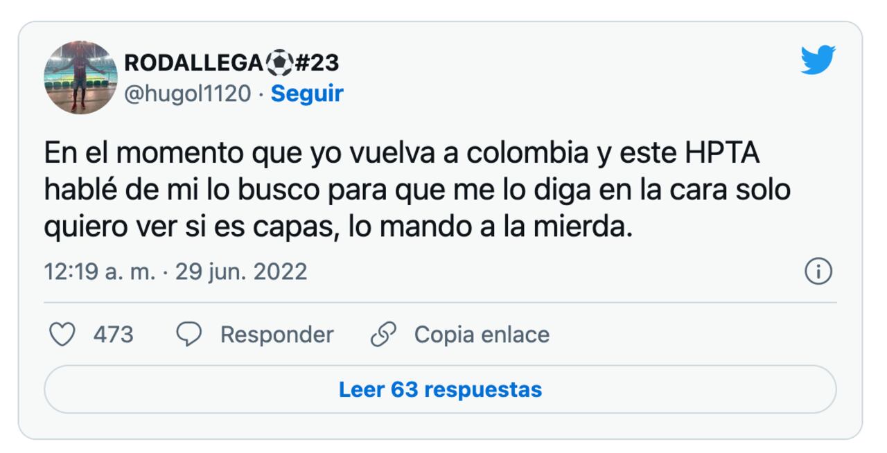 Mensaje de Hugo Rodallega en su cuenta de Twitter