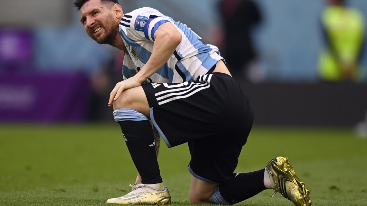 Argentina's Lionel Messi reacts during the World Cup group C soccer match between Argentina and Saudi Arabia at the Lusail Stadium in Lusail, Qatar, Tuesday, Nov. 22, 2022. (AP/Fabio Ferrari/LaPresse )