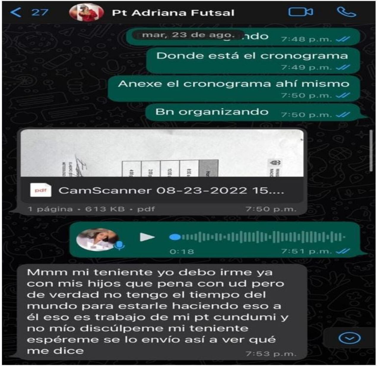 Esta es una de las pruebas en contra de la patrullera Adriana Ruiz